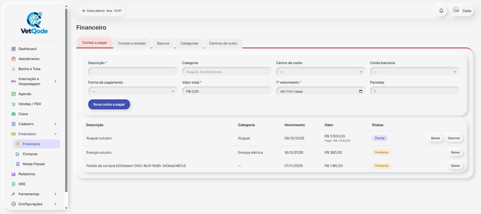 Tela real do VetQode: financeiro com contas a pagar